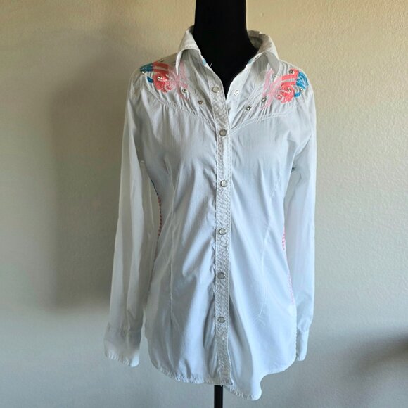 Destined To ROAR White Snap Front Embellished Cotton Blend Western Shirt Size S - Picture 2 of 10